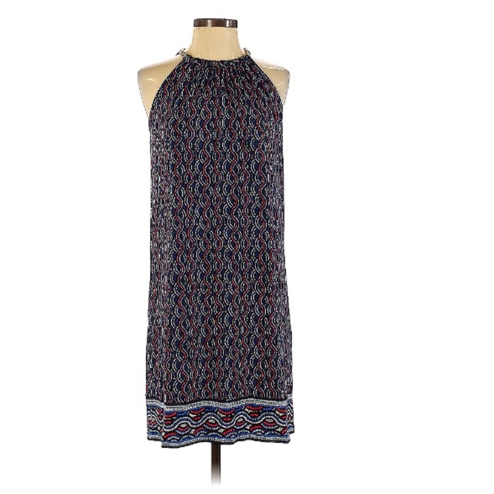 Michael Kors Chain Halter Blue Red Geometric Wave Print Shift Dress - NWT
